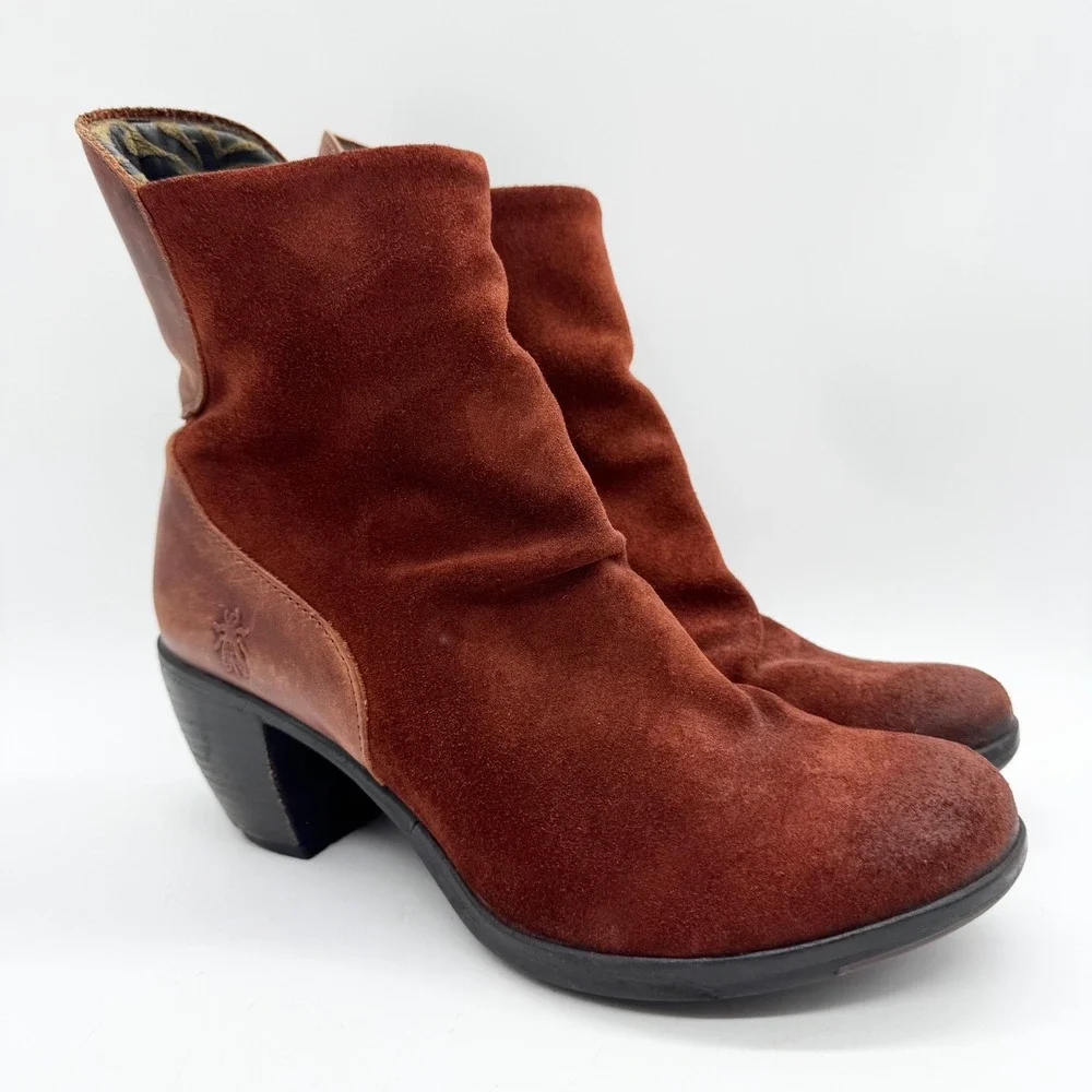 FLY LONDON Hota Suede Heeled Ankle Boots In Oilsu/Rug Brick Sz 40 Hippie Comfort